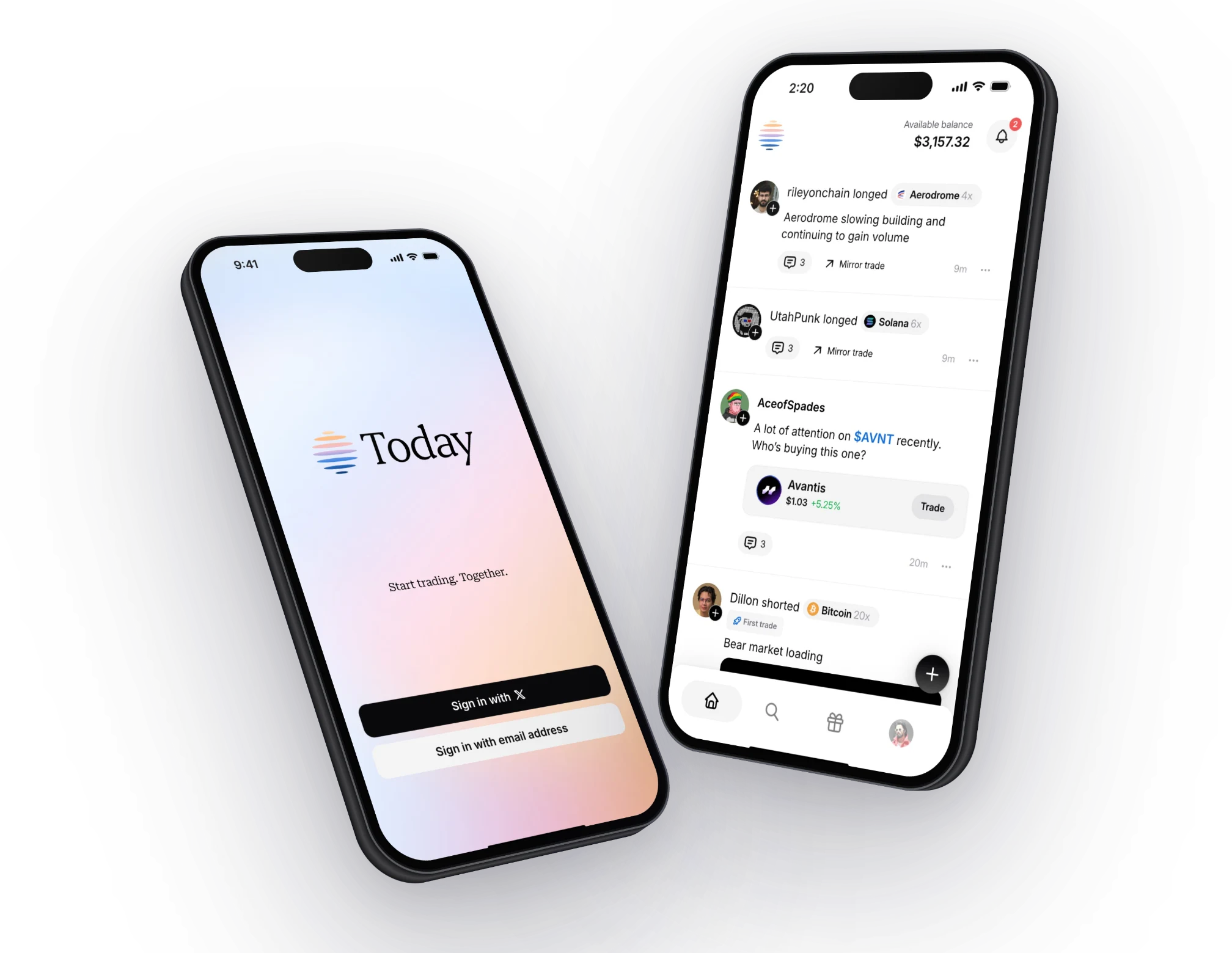 Today's sign-in and social trading feed on two iPhones